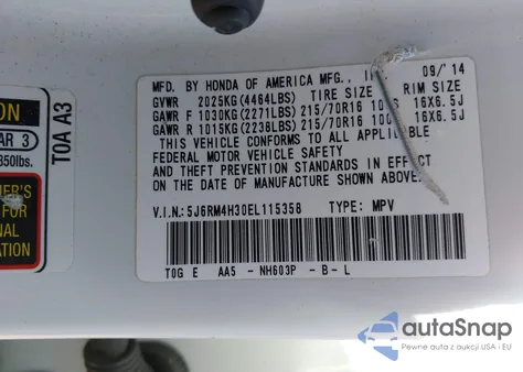 2014 Honda Cr-V Lx z USA, uszkodzony, nr VIN 5J6RM4H30EL115358